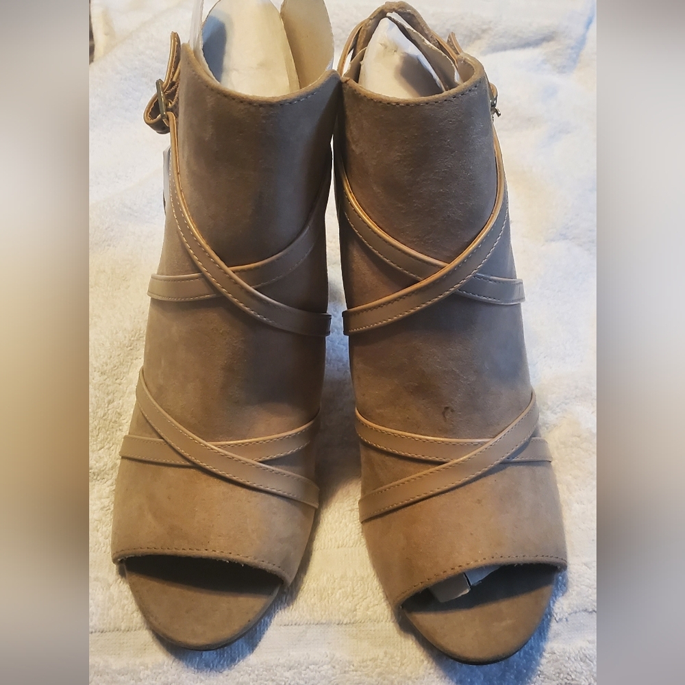 Tan Christian Siriano open-toe heel booties